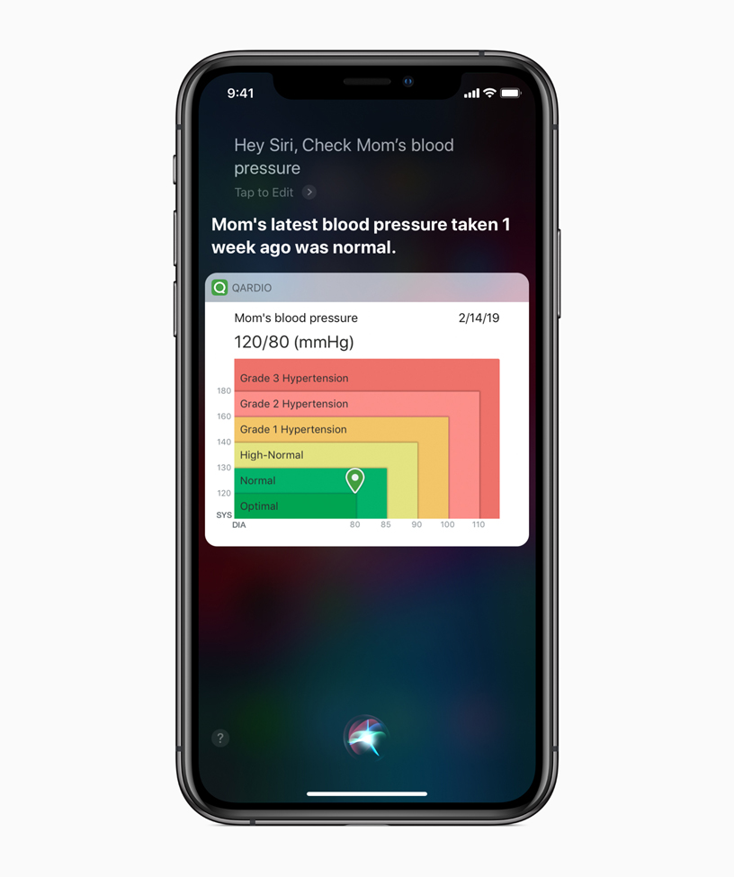 La app Qardio muestra una lectura de presión arterial en el iPhone.