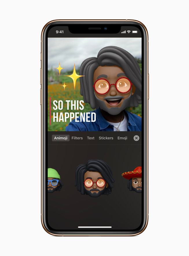 En manlig Memoji i Clips på iPhone 11 Pro.