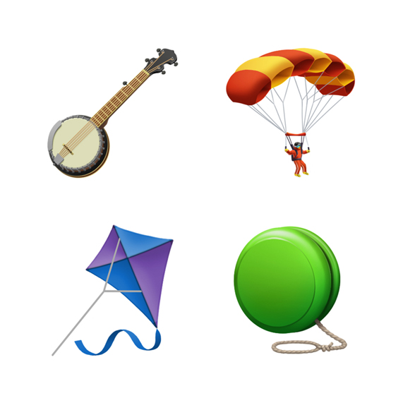 Emojis von Banjo, Fallschirm, Drachen und Yo-Yo.