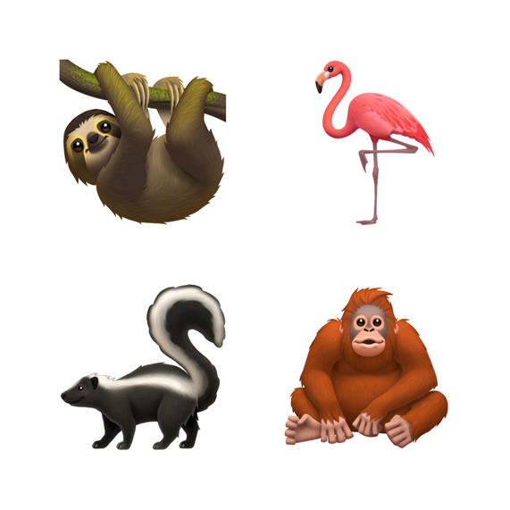 Émojis du paresseux, du flamant rose, de la moufette et de l’orang-outan.