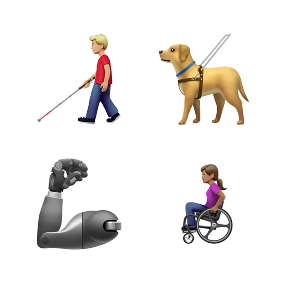 Emoji de hombre con bastón, perro guía, brazo protésico y mujer en silla de ruedas.