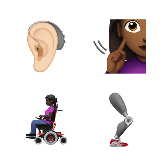 Apparecchio acustico, protesi della gamba e altri emoji a tema disabilità.