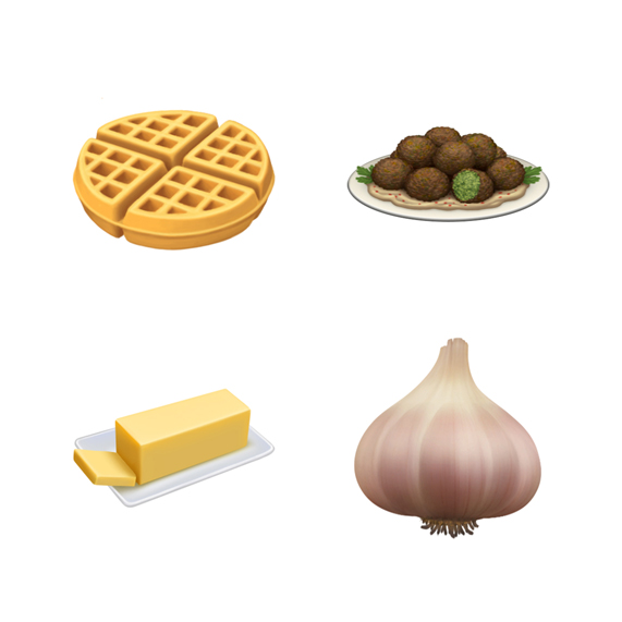 Emojis für Waffel, Falafel, Butter und Knoblauch.