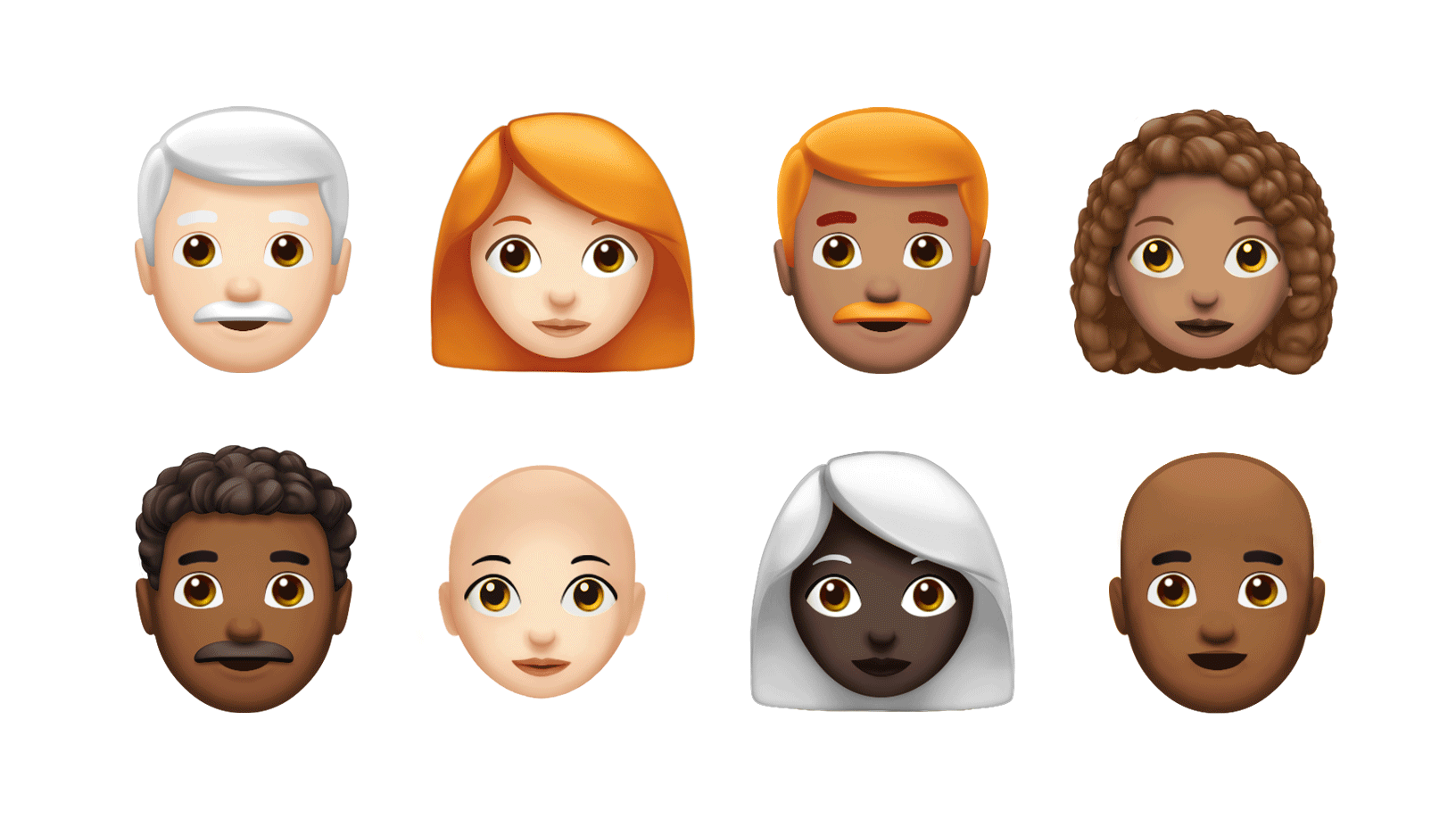 Dos filas con nuevos diseños de emoji, que incluyen: cabello cano, rojizo y rizado.