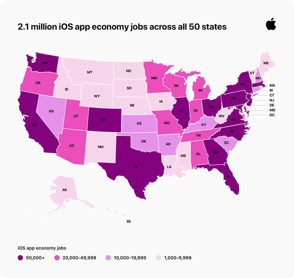 Kaart van de VS met verdeling van banen in de iOS-app-economie over 50 staten. 