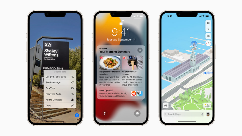 Three starlight iPhone 13 devices introducing Live Text, redesigned notifications, and upgrades to Maps on iOS 15.
