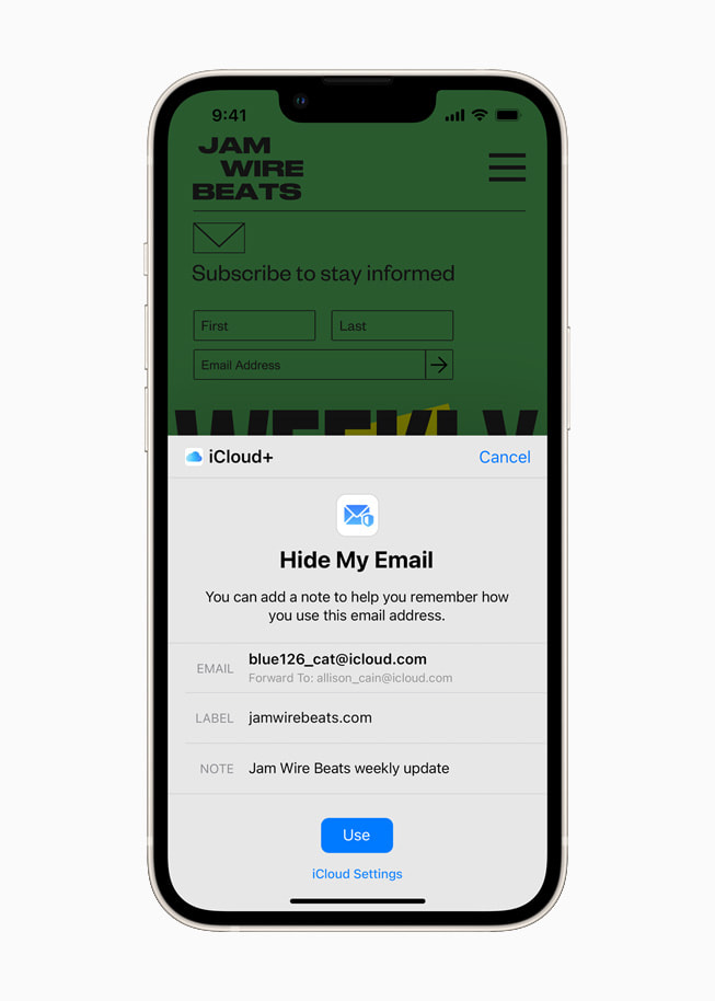 iOS 15’s iCloud+ using the new Hide My Email feature on a starlight iPhone 13.