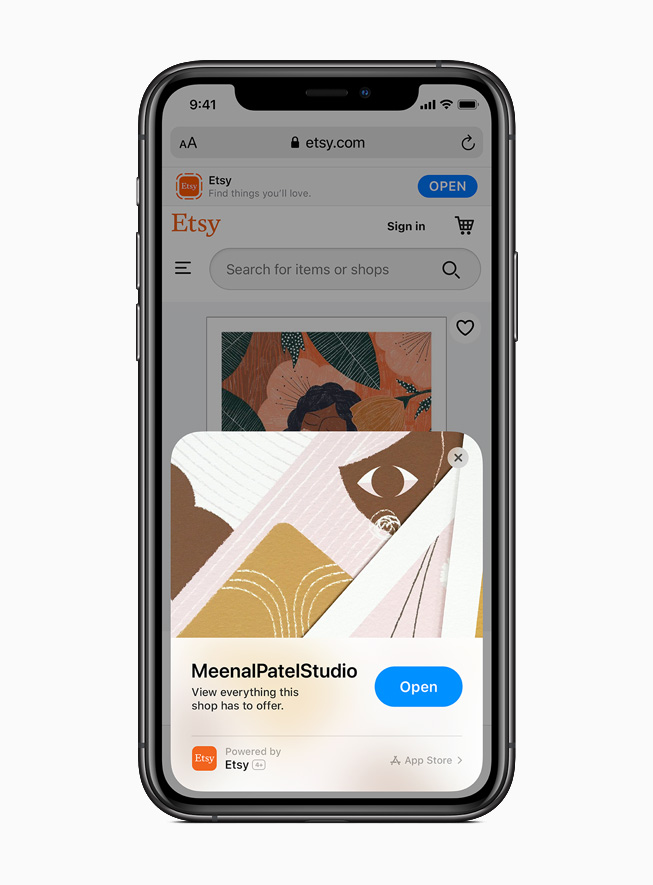 An App Clip from the Etsy app displayed on iPhone 11 Pro. 