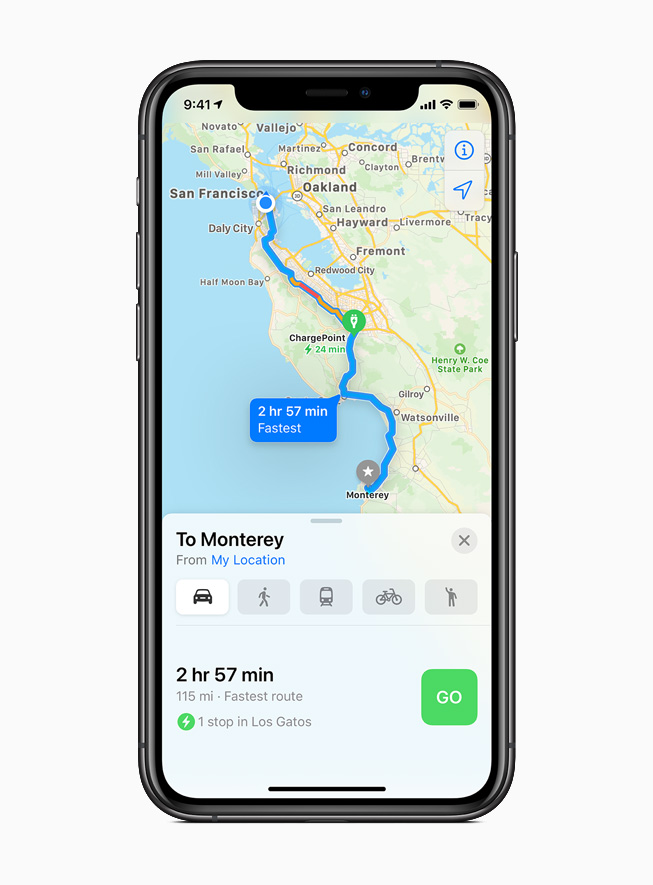 Electric vehicle routing in Maps displayed on iPhone 11 Pro. 