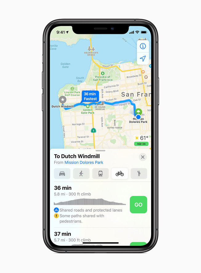 Rutas para andar en bicicleta en iOS 14 en un iPhone 11 Pro. 