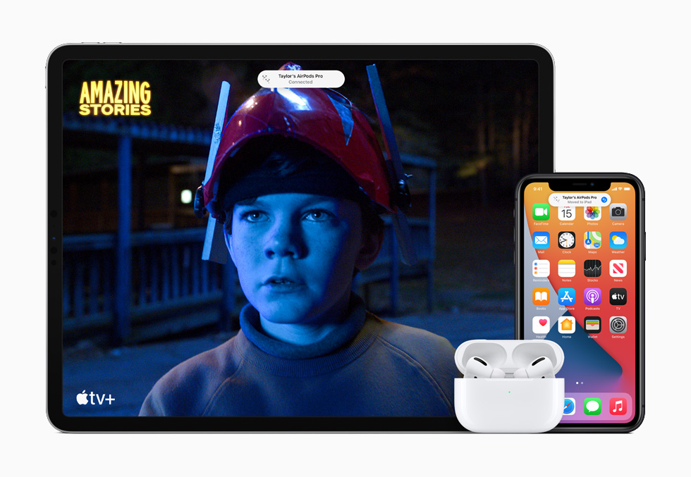 iPhone 11 Pro, and iPad Pro showing Apple original Amazing Stories in Apple TV+ with AirPods Pro.