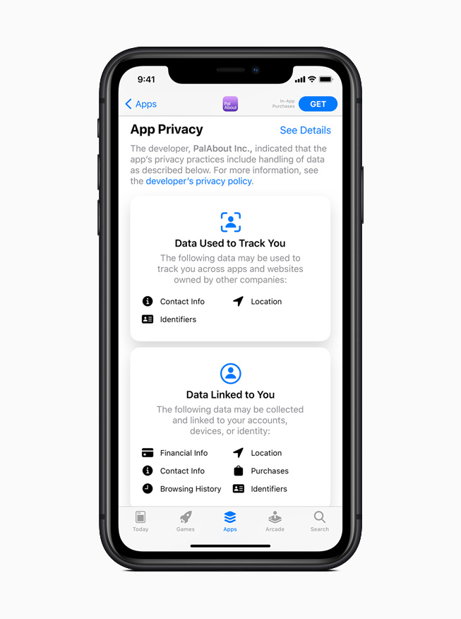 App Storeに新たに用意されたプライバシーに関するページを iPhone 11 Proで表示した様子。