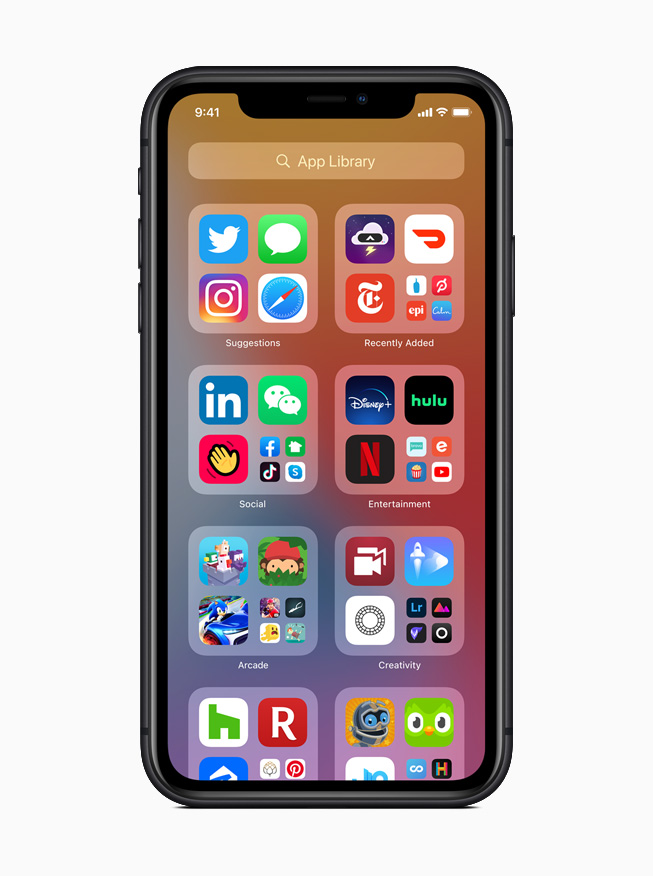 Nova Biblioteca de Apps do iOS 14 na tela do iPhone 11 Pro. 