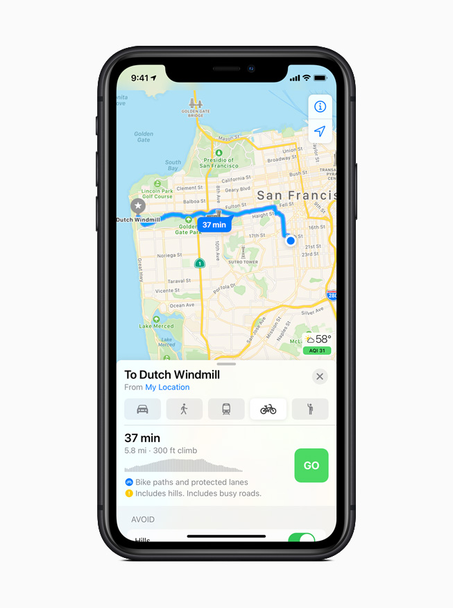 iOS 14의 지도 앱에서 제공하는 자전거 경로 지도.