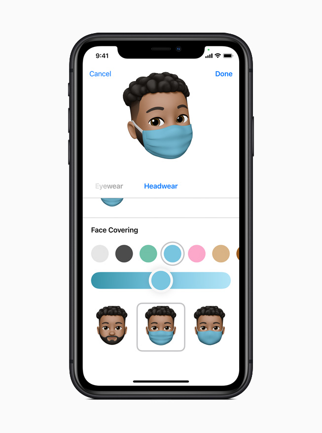 Novas opções de personalização de Memoji no iOS 14 exibidas no iPhone 11 Pro.