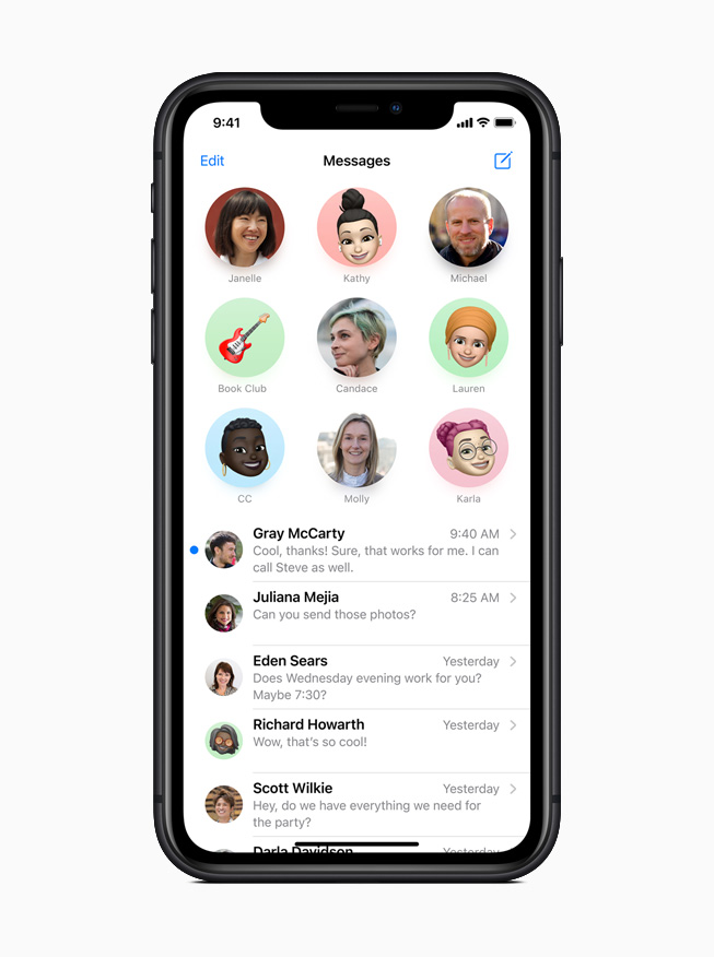 Conversations favorites dans Messages avec iOS 14, affichées sur l’iPhone 11 Pro.