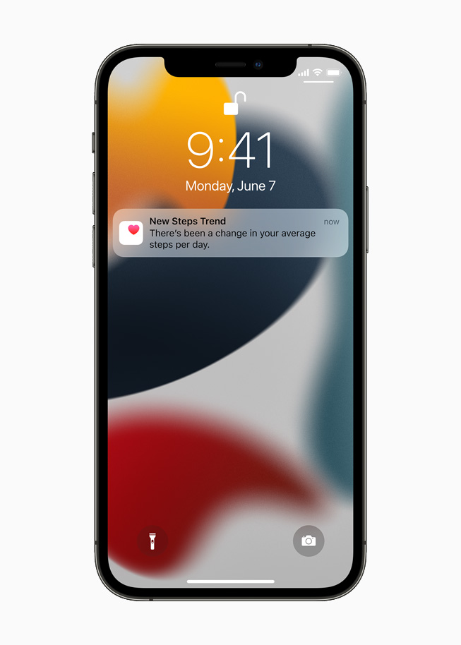 A New Steps Trend notification appears on the Lock Screen of iPhone 12 Pro.