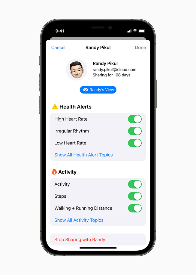 A profile of a trusted partner, summarising the alerts and activities a user has chosen to share with them, is displayed using the Sharing tab in the Health app on iPhone 12 Pro.