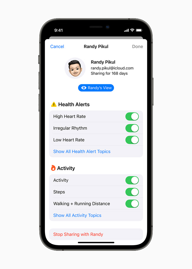 Perfil de una persona de confianza con un resumen de las alertas y actividades que el usuario ha elegido compartirle, en la pestaña Compartir de la app Salud en el iPhone 12 Pro.