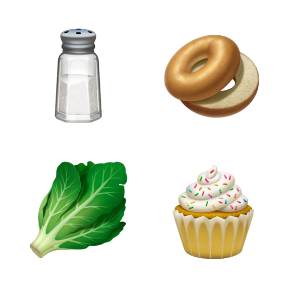 Salt, bagel, lettuce and cupcake emoji.