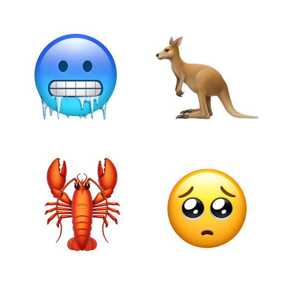 Emojier for fjes som fryser, kenguru, hummer og fjes som trygler.