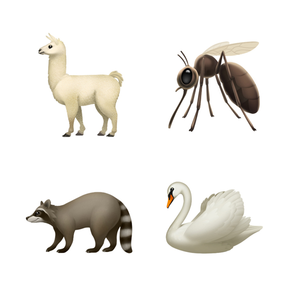 Llama, mosquito, raccoon and swan emoji.