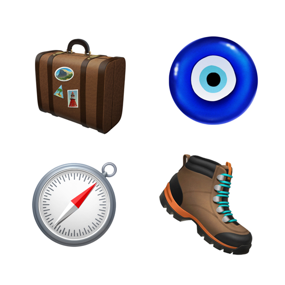 Luggage, hiking boot, compass and nazar amulet.