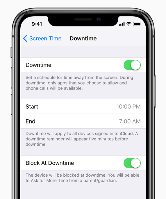 iPhone X screen showing Device Downtime menu.