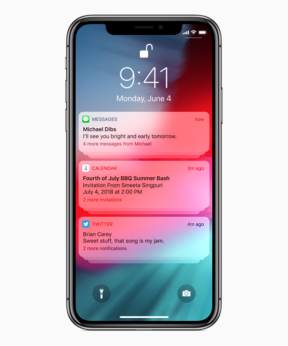 Écran de l’iPhone X affichant les notifications de Messages, Calendrier et Twitter.