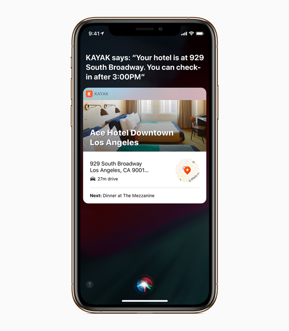 A Siri Shortcuts screen for an upcoming hotel reservation.