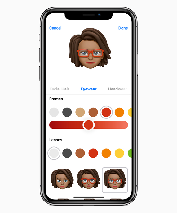 iPhone X, der viser de forskellige muligheder for briller til en Memoji.