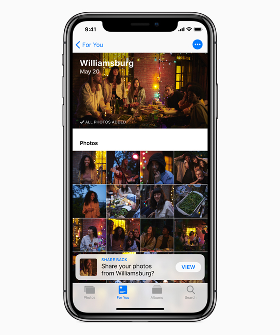 iPhone X showing Photos app with Share Back option to share photos from Williamsburg.