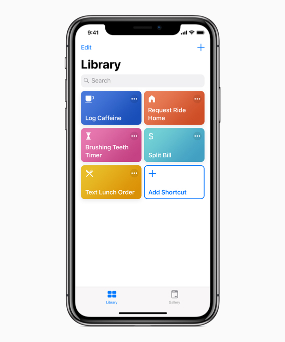 iPhone showing Siri Shortcuts library screen.