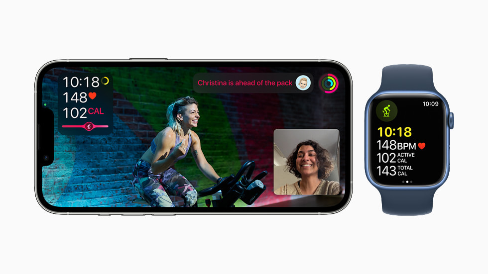 Fitness+ displayed on iPhone 13 and a Cycling workout on Apple Watch Series 7.