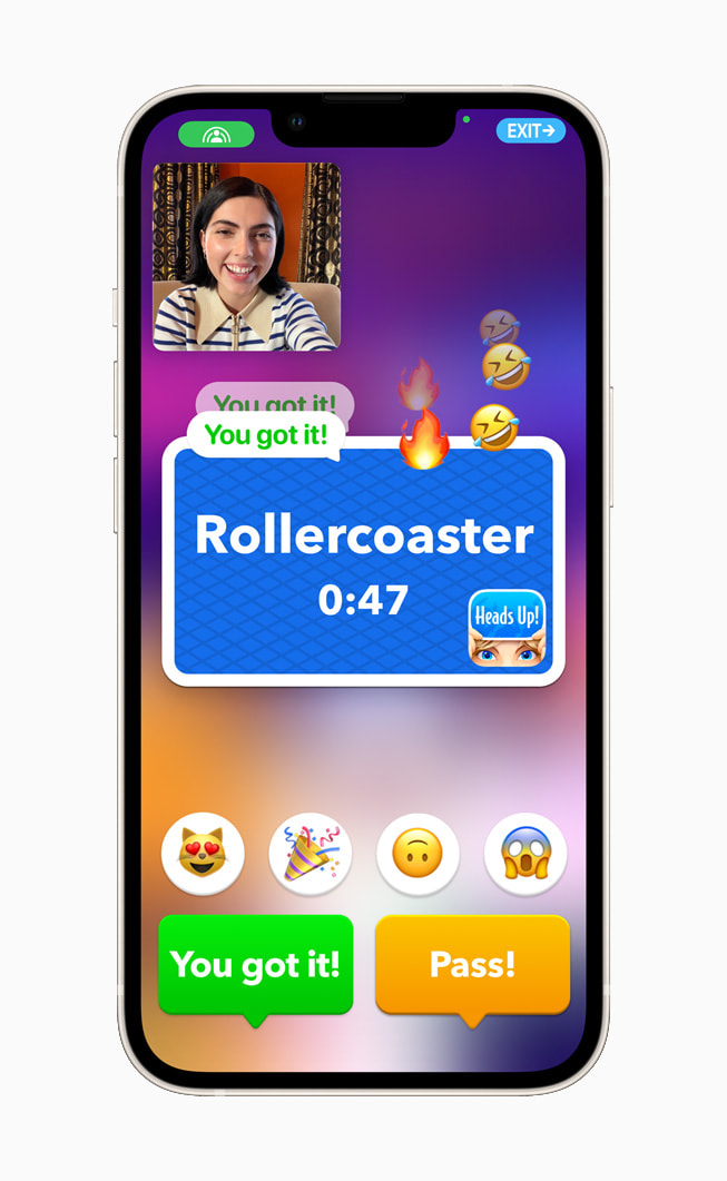 The new SharePlay experience in Heads Up! displayed on iPhone 13.