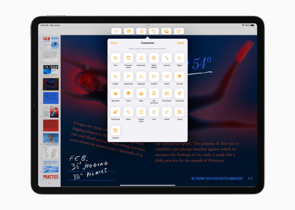 Des barres d’outils personnalisables dans une app digne d’un ordinateur de bureau sont affichées sur un iPad.