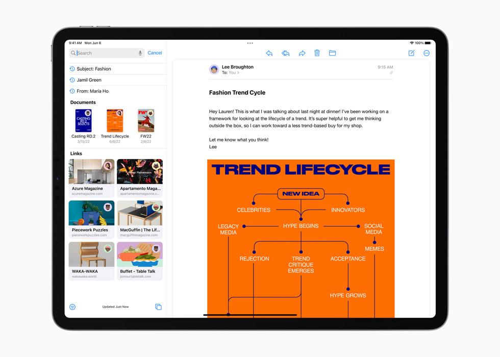 L’app Mail che mostra la nuova funzione di ricerca in una casella di posta in arrivo.