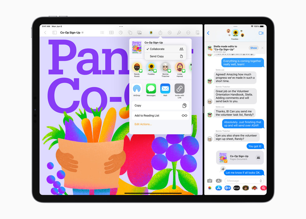 Un écran d’iPad affiche la nouvelle fonctionnalité de collaboration dans Messages et Documents.