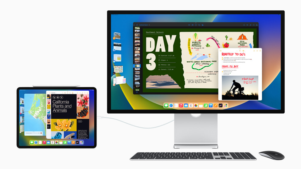 화면에 여러 개의 앱을 열어놓은, 전문 사용자의 연결된 Mac과 iPad.