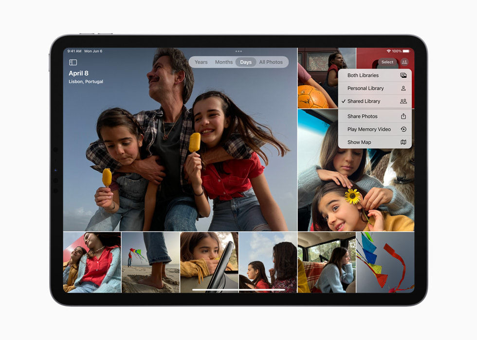 Flere billeder vises i et delt iCloud-fotobibliotek på en brugers iPad.