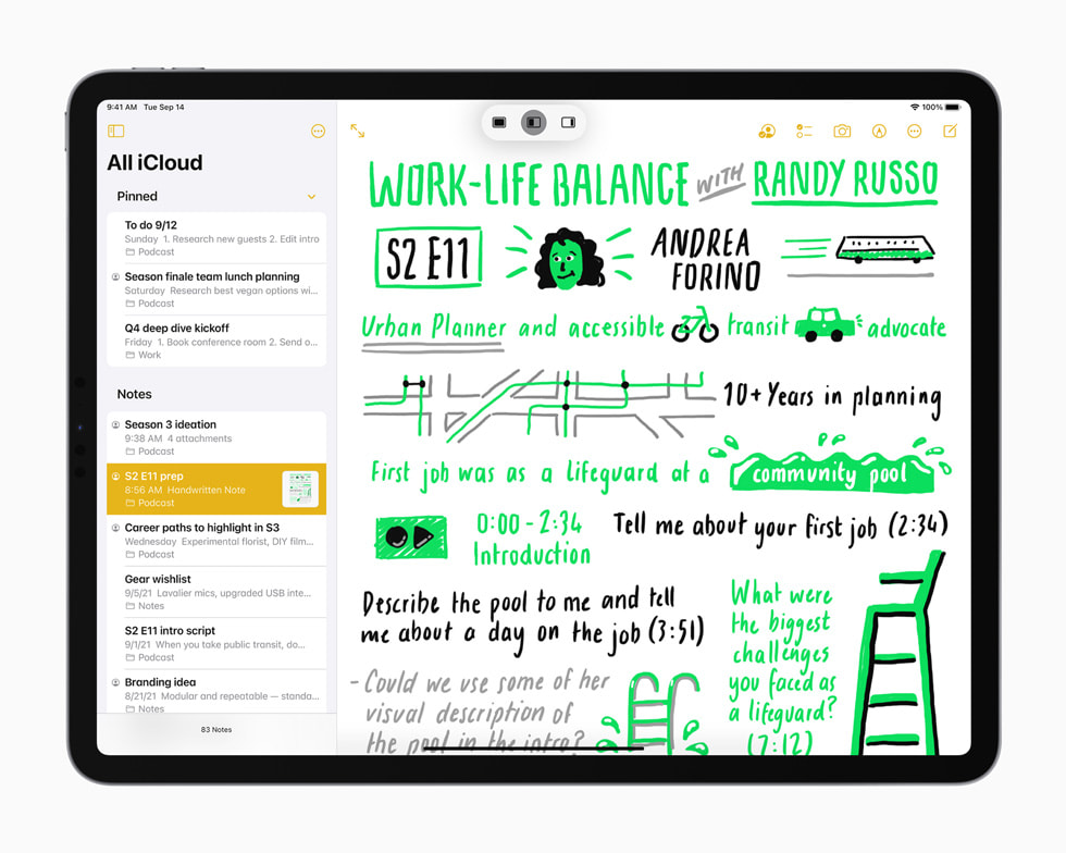 Le menu multitâche affiché dans l’app Notes sur le nouvel iPad.