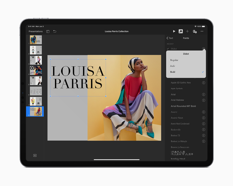 Una schermata di presentazione su iPad che mostra i font disponibili in iPadOS.