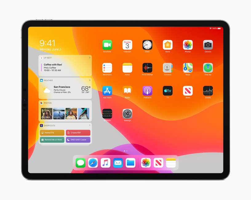 Der neue Home-Bildschirm in iPadOS mit Kalender, Wetter und Fotos und der Ansicht 'Heute'. 