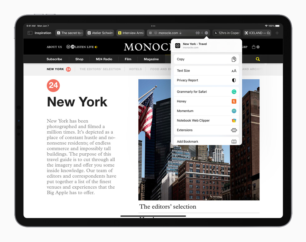 Opnieuw ontworpen Safari-pagina iPadOS 15 op iPad Pro.