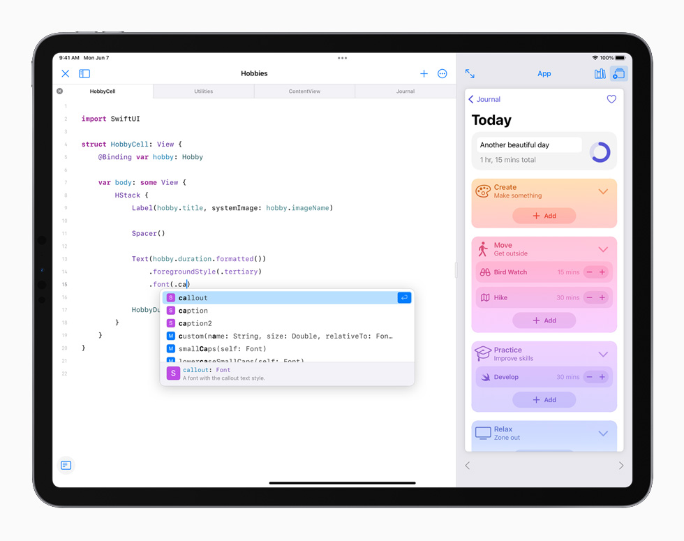 The Swift coding environment displayed on iPad Pro. 