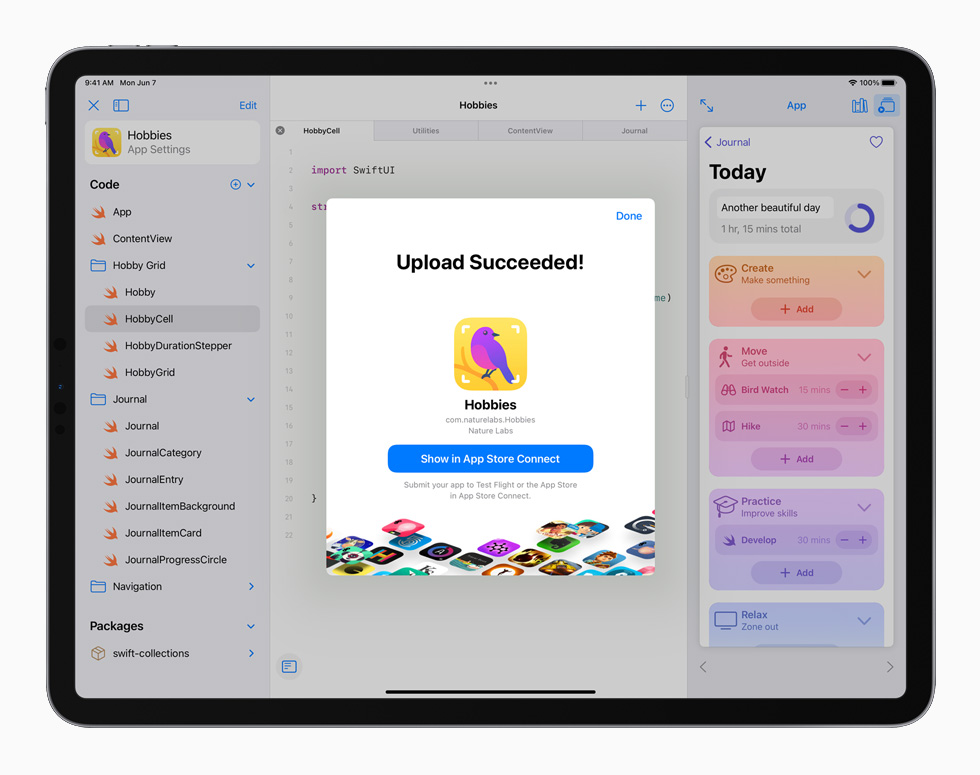 Envoi d’un projet d’app sur l’App Store affiché sur un iPad Pro.