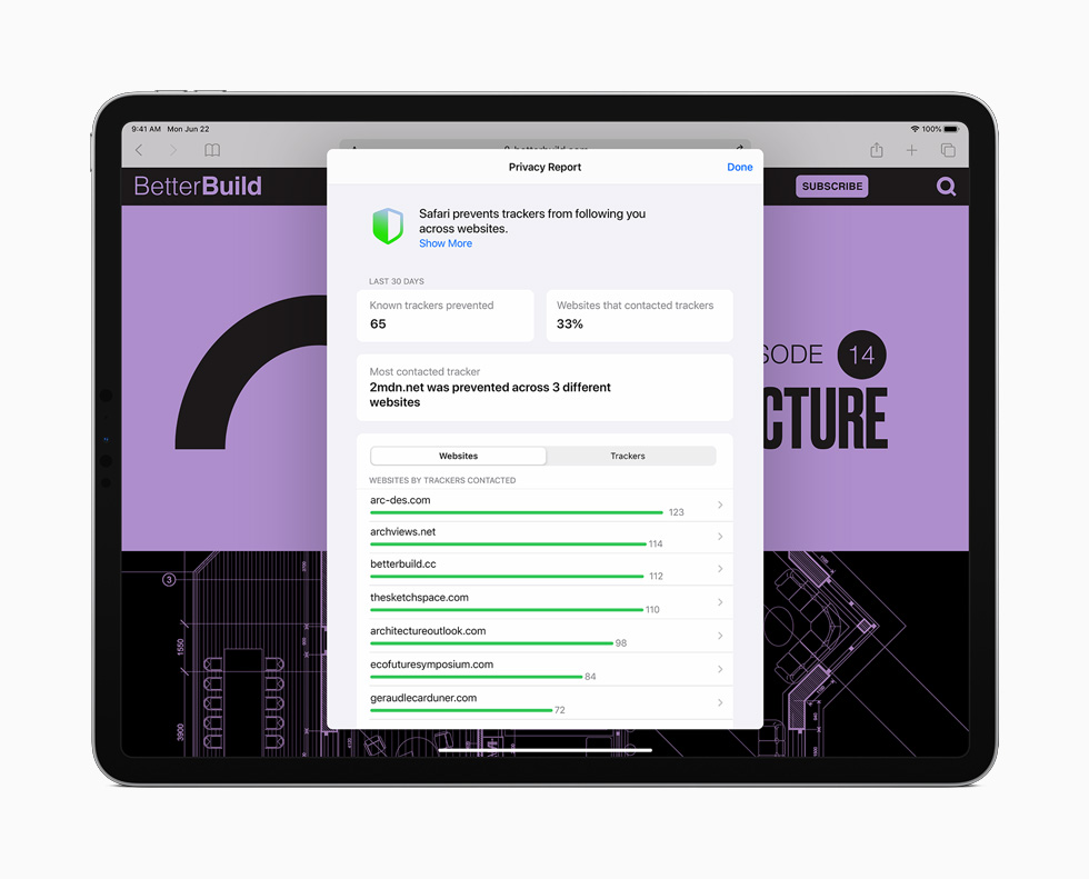The new Privacy Report in Safari displayed on iPad Pro.