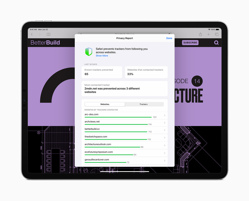 El nuevo Reporte de Privacidad en Safari en un iPad Pro.