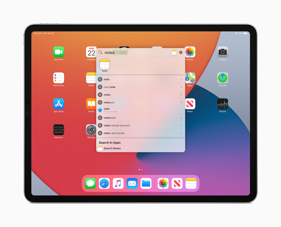 La nuova finestra di ricerca in iPadOS 14 visualizzata su iPad Pro.