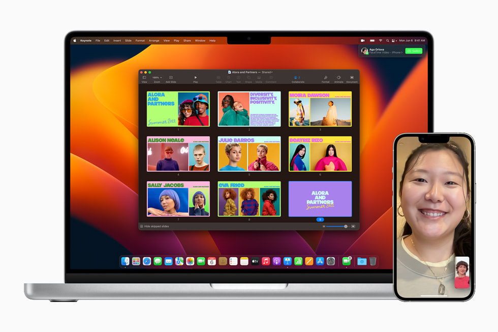 Aperçu d’un appel FaceTime sur un iPhone 13 Pro avec l’option Handoff permettant de poursuivre l’appel sur Mac, affiché sur un MacBook Pro.